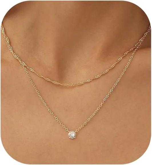Gold Necklace for Women,14K Gold Plated Teardrop Cubic Zirconia Dainty Necklace Solitare Ttillion Heart Round Pear Cut CZ Pendent Layered Necklaces for Women 16.5 2 Inch