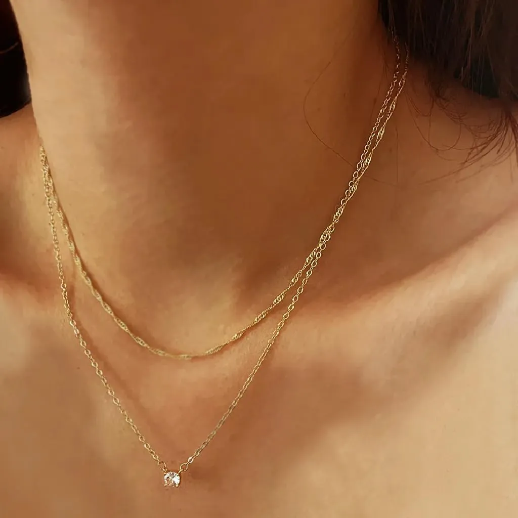 Gold Necklace for Women,14K Gold Plated Teardrop Cubic Zirconia Dainty Necklace Solitare Ttillion Heart Round Pear Cut CZ Pendent Layered Necklaces for Women 16.5 2 Inch