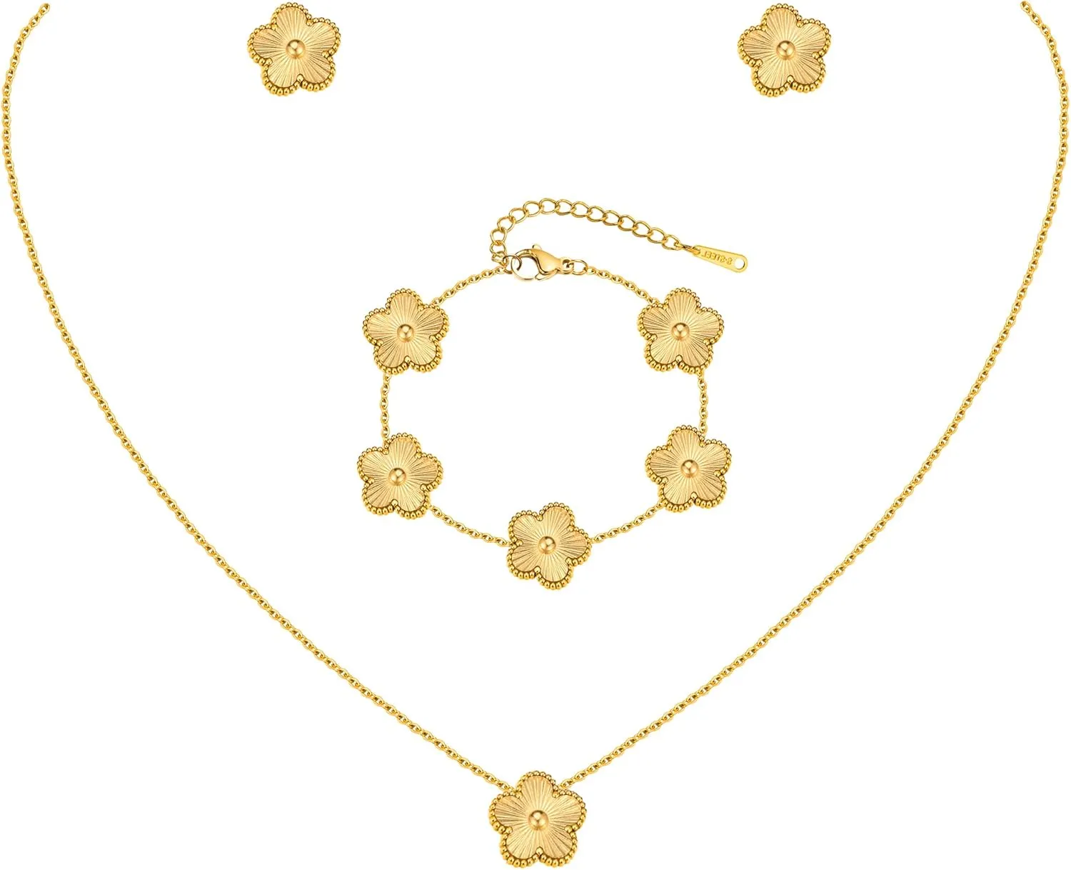 Gold Necklaces Bracelets Earring Set - 18K Gold Plated Flower Bracelet Chain,Stainless Steel Non Tarnish Floral Pendant Stud Jewelry Sets,Christmas Birthday Lucky Gift for Mom Wife Daughter Girlfriend
