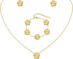 Gold Necklaces Bracelets Earring Set - 18K Gold Plated Flower Bracelet Chain,Stainless Steel Non Tarnish Floral Pendant Stud Jewelry Sets,Christmas Birthday Lucky Gift for Mom Wife Daughter Girlfriend