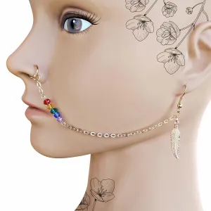 Gold Nose Chain to Ear with Chakra Beads - Fake Nose Cuff with Chain Non Piercing - Rainbow Chain Earring to Nose - Valentine's day Gift