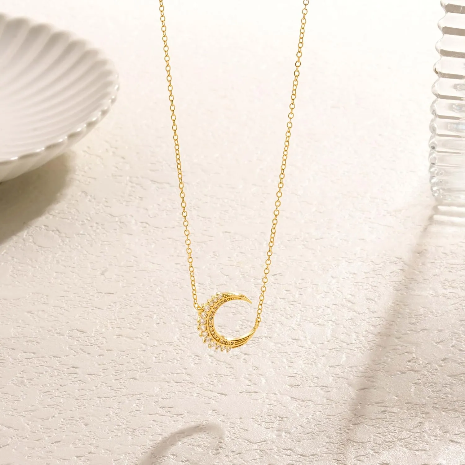 Gold Pendant Necklaces for Women Trendy, Dainty 14k Gold Plated Sun Charm Necklace for Women Cubic Zirconia Moon Choker Necklace Waterproof Beach Gold Jewelry for Women Fashion Christmas Gifts
