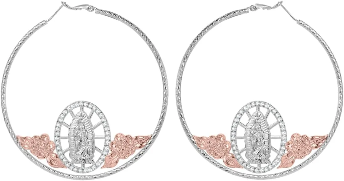 GOLD PLATED TRI COLOR VIRGIN MARY FLOWER HOOP EARRINGS VIRGEN GUADALUPE ARETES ARRACADAS Tri-Color Virgin Mary Flower Hoop Earrings - Gold Plated Gold Plated