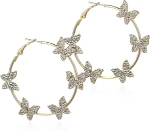 Gold Silver Butterfly Hoop Earrings for Women Glitter Crystal Bridal Wedding Climber Ear Wrap Prom Ball Ear Dainty Jewelry Christmas Valentine's Day Mother's Day Birthday Gifts