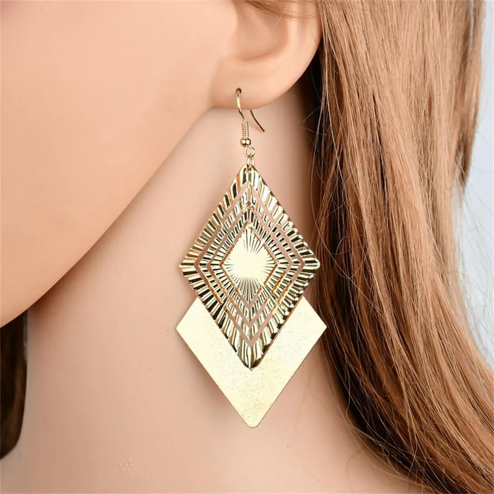 Gold Silver Geometric Dangle Earring for Women Bohemian Dangling Drop Earrings Exaggerated Metal Geometric Earrings