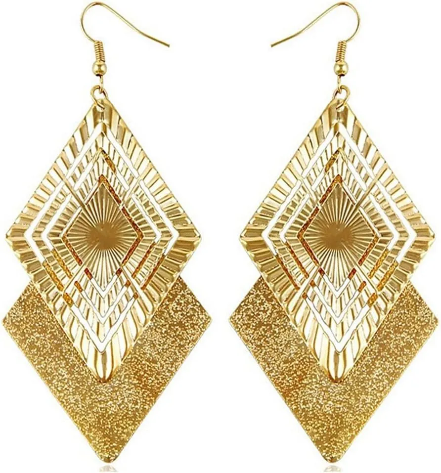 Gold Silver Geometric Dangle Earring for Women Bohemian Dangling Drop Earrings Exaggerated Metal Geometric Earrings