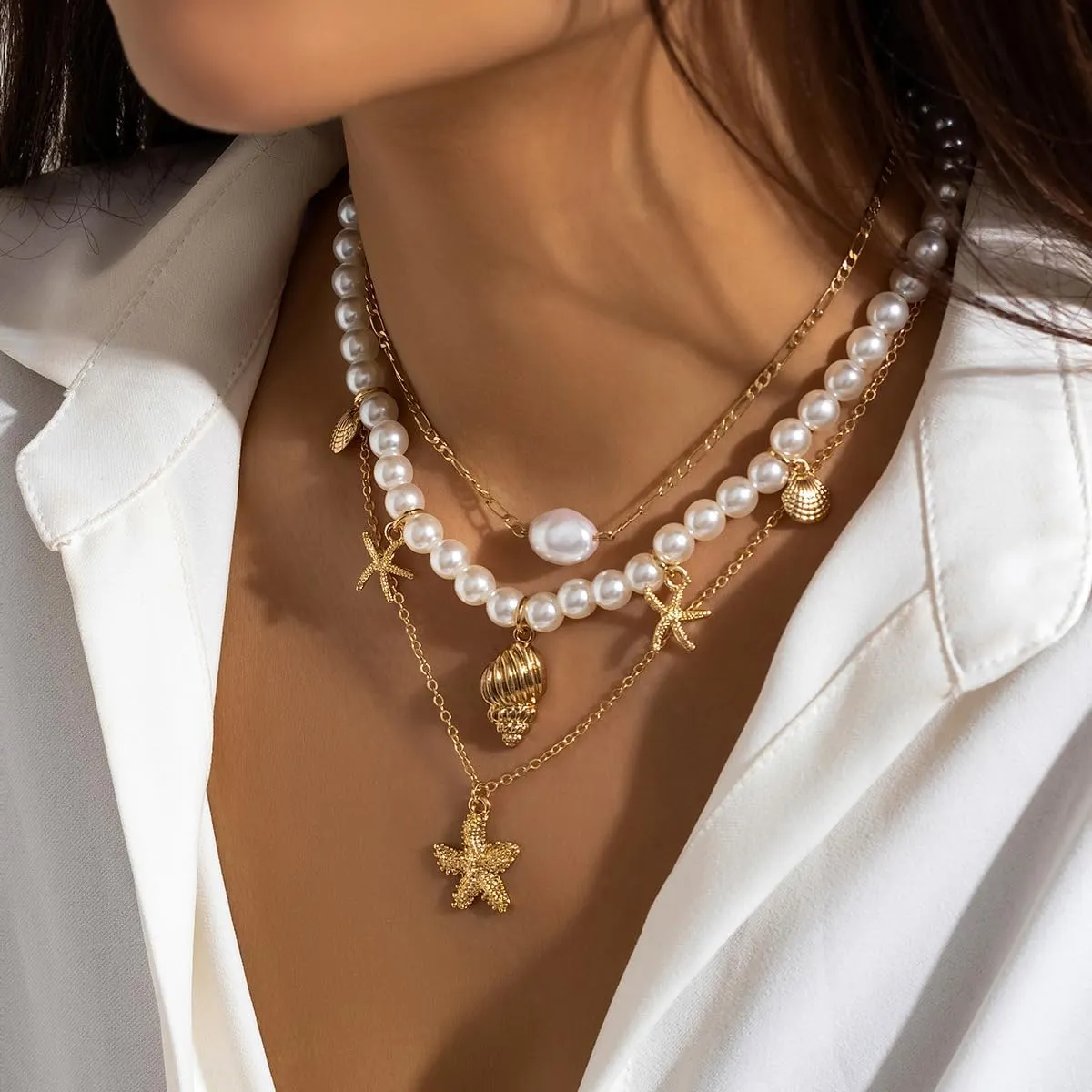 Gold Starfish Shell Multilaye Layered Necklace for Women Summer Conch Beaded Surfer Beach Jewelry