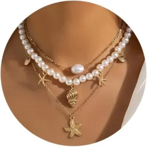 Gold Starfish Shell Multilaye Layered Necklace for Women Summer Conch Beaded Surfer Beach Jewelry