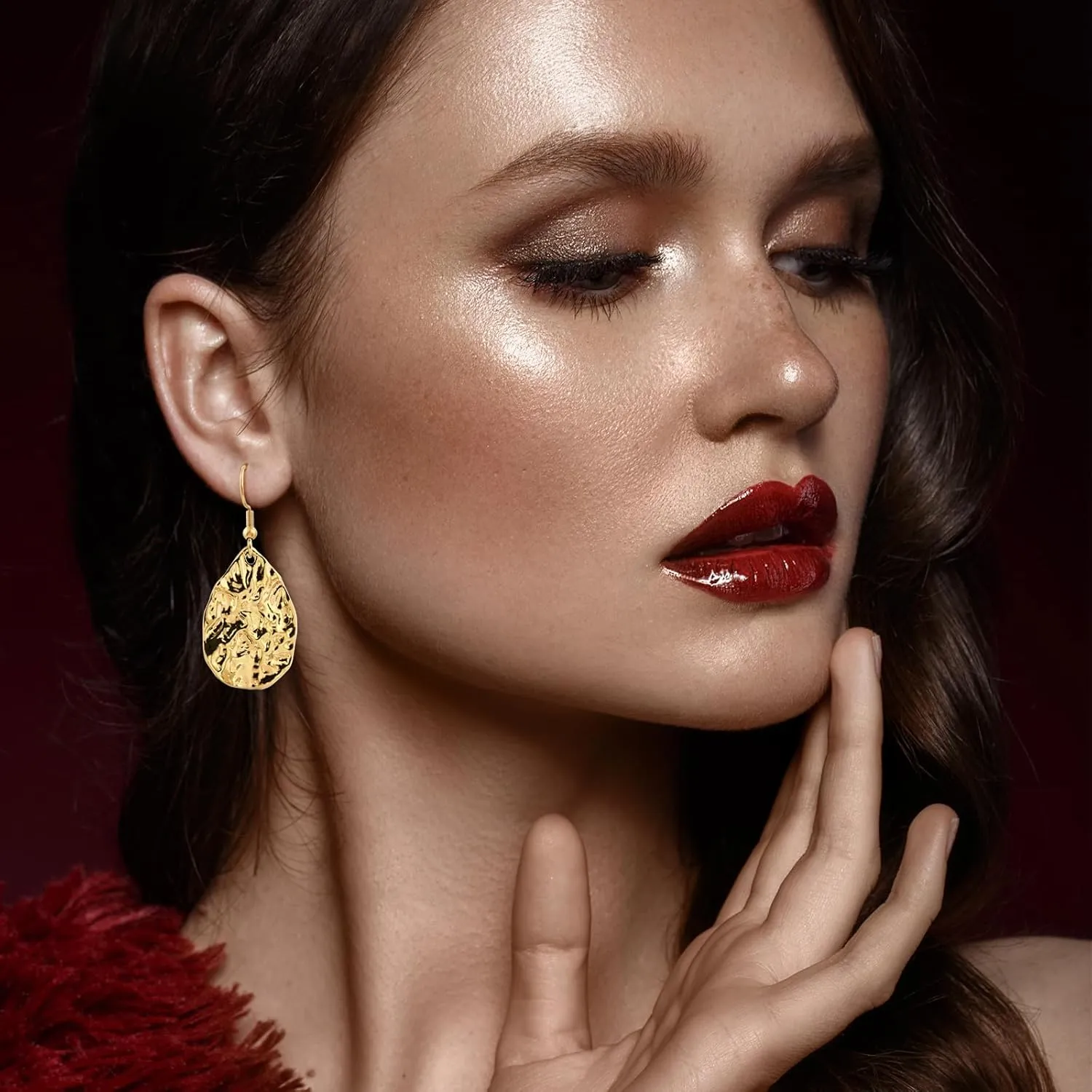 Gold Teardrop Hammered Drop Dangle Earrings for Women Medium Hammered Gold Earrings for Sensitive Ears