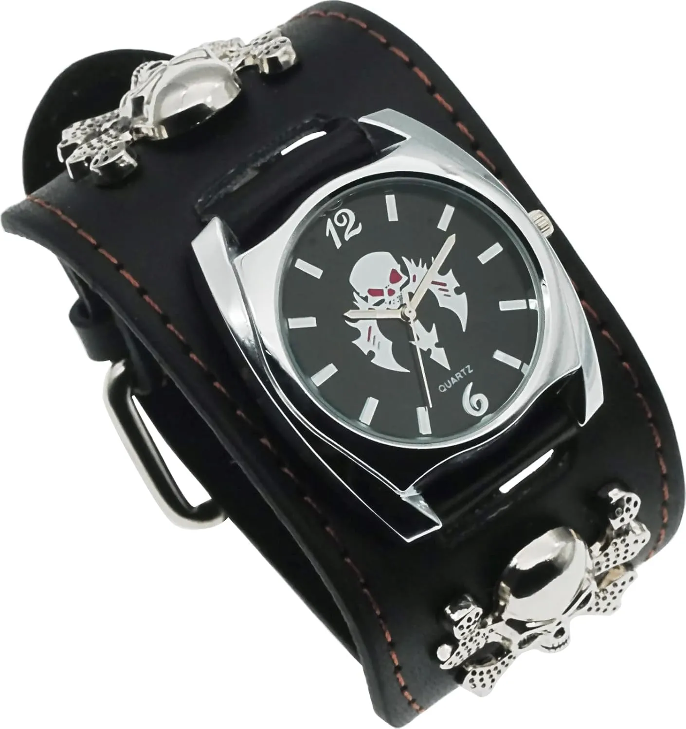 Good Leather Punk Skull Quartz Men's Wrist Watch,Big Dial Skull Women's Watch,Skull Chains Rivets Elements,Fashion Gift Watch Cool, Black