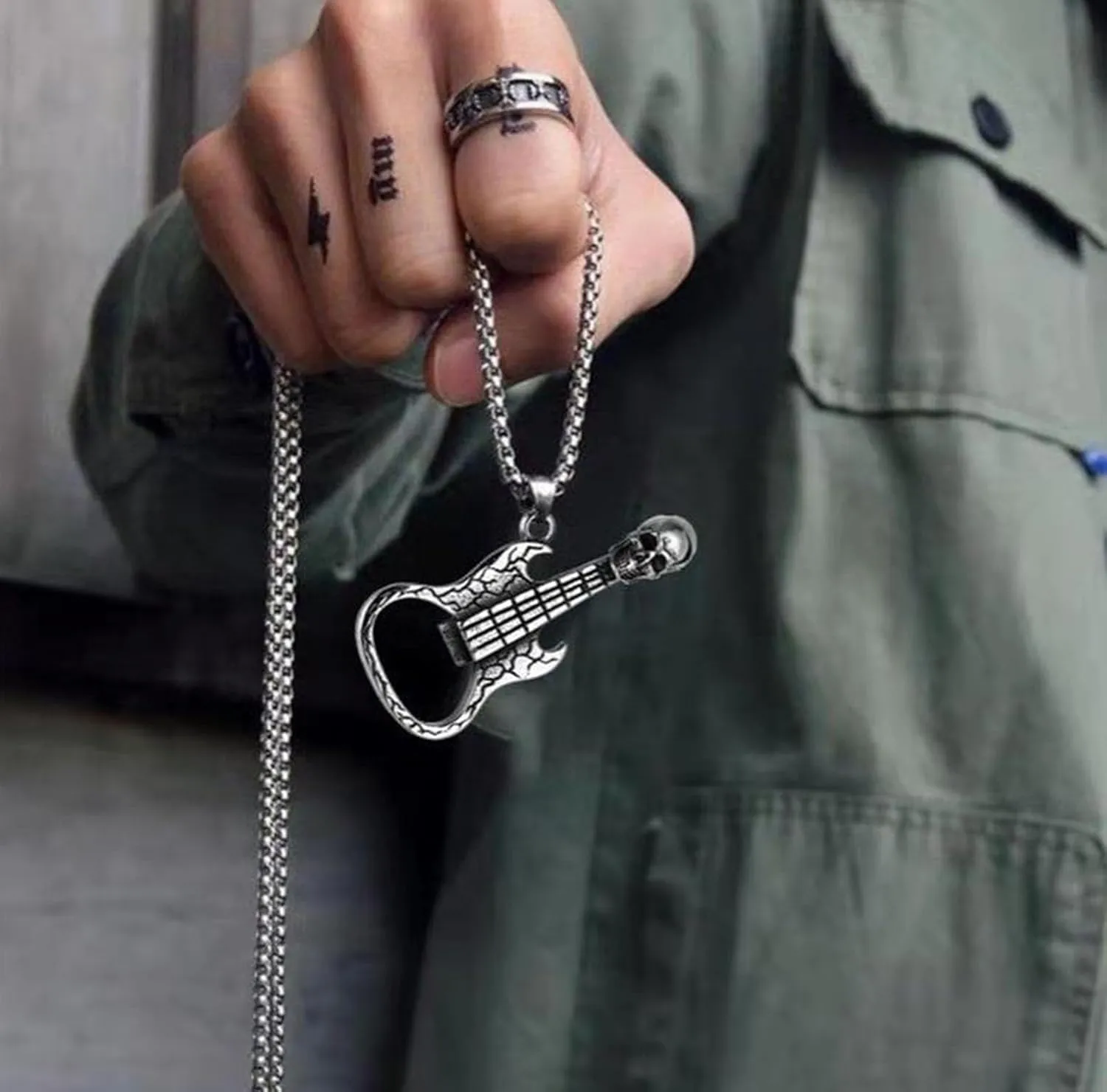 Goth Skull Pendant Necklace for Men Punk Skull Guitar Necklace Silver Vintage Bat Eagle Necklace Gothic Jewelry for Men Women