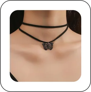 Gothic Layered Butterfly Necklace Black Suede Choker Necklace Hollow Butterfly Chain Necklace Suede Leather Necklace Butterfly Wing Necklace Jewelry for Women