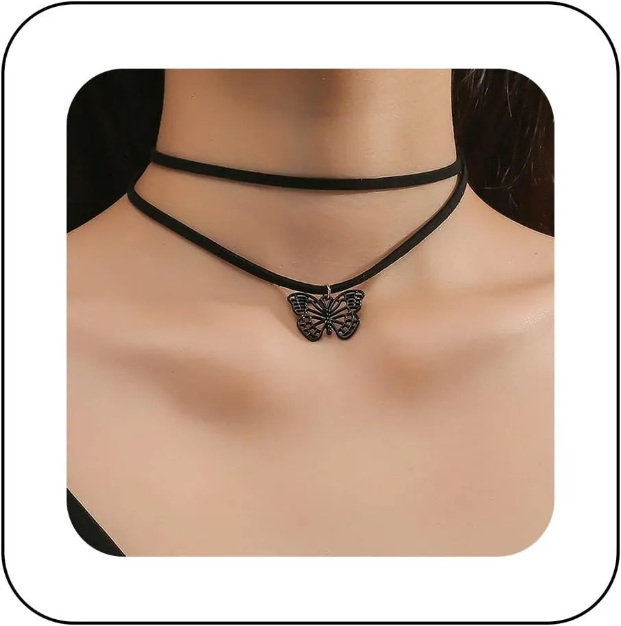 Gothic Layered Butterfly Necklace Black Suede Choker Necklace Hollow Butterfly Chain Necklace Suede Leather Necklace Butterfly Wing Necklace Jewelry for Women