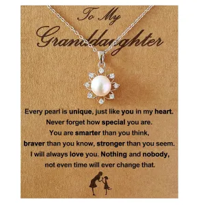 Granddaughter Necklace - Teen Girl graduation gifts for her 2025, Granddaughter Gifts from Grandma, Birthday Jewelry Keepsake Gifts for Granddaughter, Handmade Sterling Silver Pearl Sunflower Necklace