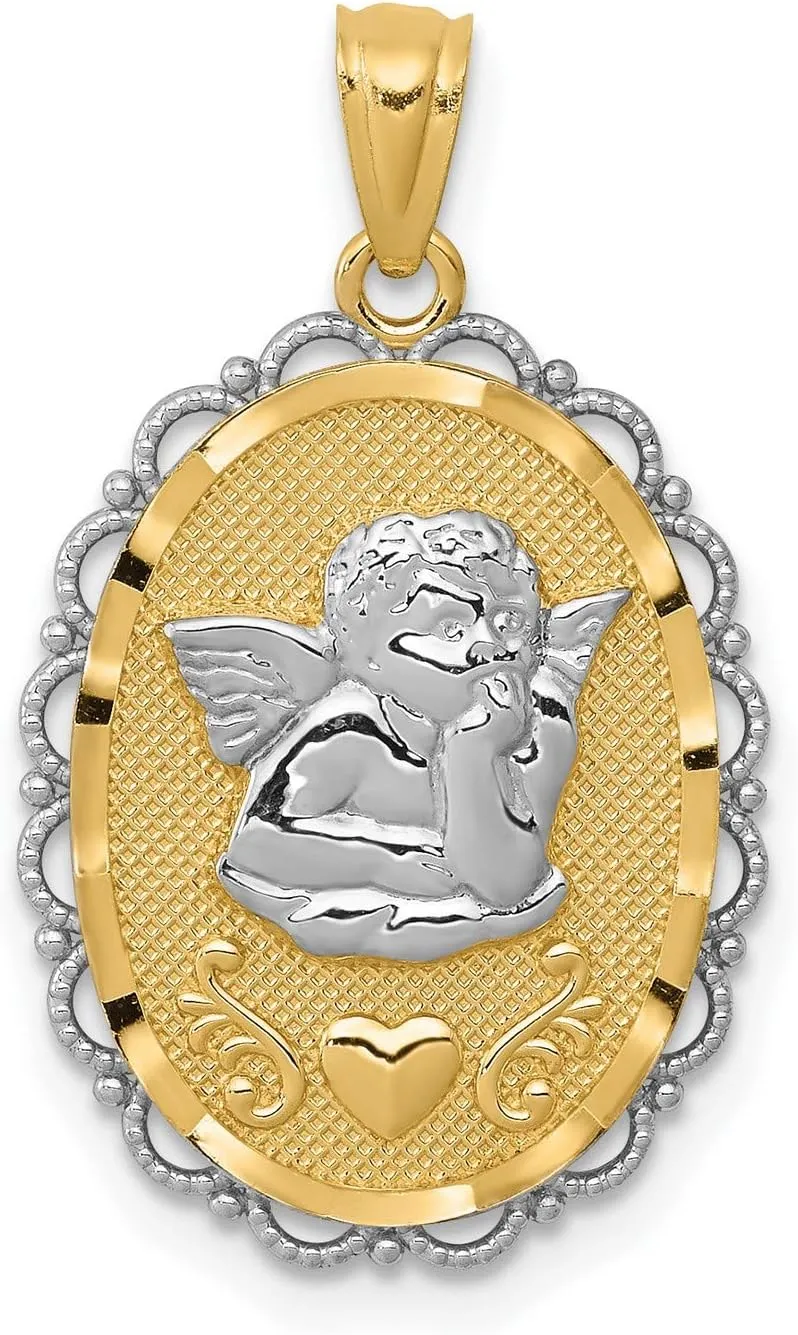 Guardian Angel Cherub Pendant - Religious Jewelry 14k Gold Guardian Angel Charm, Cherub with Hand on Chin, 26x16mm Oval in 14k Two-Tone Yellow Gold, Spiritual Protection Charm