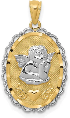 Guardian Angel Cherub Pendant - Religious Jewelry 14k Gold Guardian Angel Charm, Cherub with Hand on Chin, 26x16mm Oval in 14k Two-Tone Yellow Gold, Spiritual Protection Charm