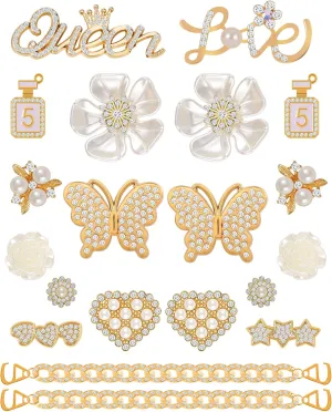 Gushu 20pcs Gold Shoe Charms for Girls Women - Designer Jewelry Rhinestone Chain With Cute Bear Flower Butterfly - Adults Jewels Decoration Luxury Clog Accessories