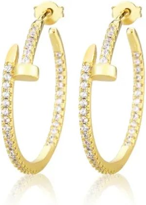 Hand Made Gold Hoop Earrings 18K Gold Filled 2mm Thin 1" Round Lube Nail Shape Tuffted Diamond Simulant CZ Lightweight Hypoallergenic 3 times Shine Premium Quality