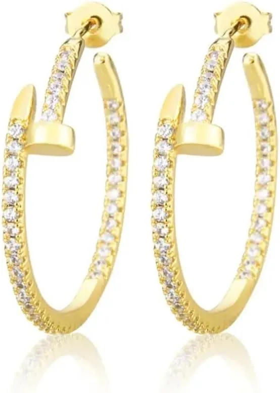 Hand Made Gold Hoop Earrings 18K Gold Filled 2mm Thin 1" Round Lube Nail Shape Tuffted Diamond Simulant CZ Lightweight Hypoallergenic 3 times Shine Premium Quality