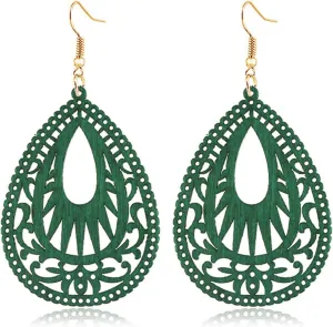 Handmade Bohemian Geometric Wood Earrings for Women Vintage Bohemian African Nature Wooden Earrings Lightweight Hollow Teardrop Ethnic Fashion Statement Earring
