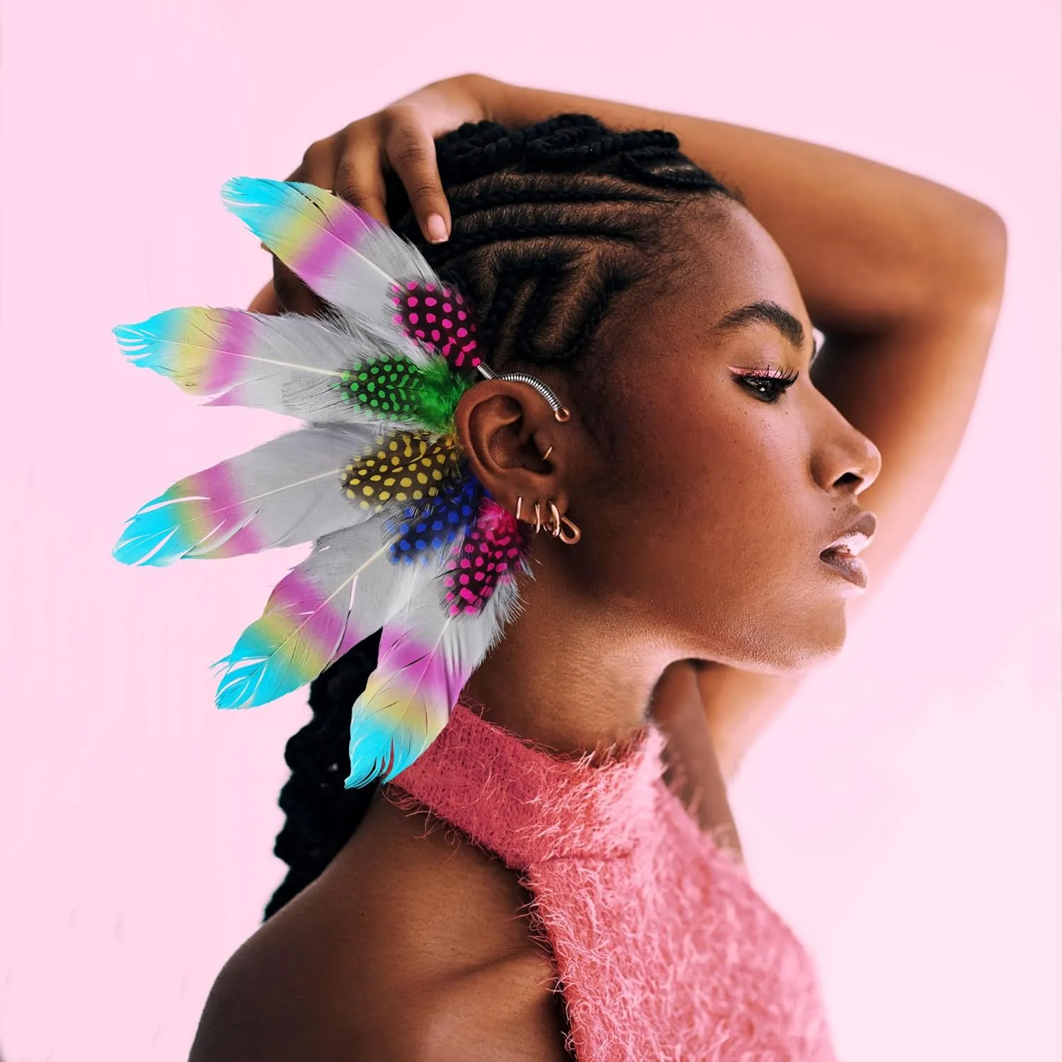 Handmade Bohemian rainbow Goose feather Personalized headdress Ear Cuff,Feather Earrings,Ear Wrap,American Indian style feather ear cuffleft ear