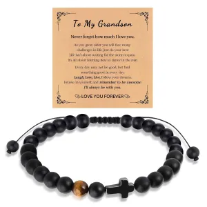 Handmade Bracelet Gifts for Men Boys,Cross Bracelet for Son Grandson Dad,Natural Stone Cross Beaded Bracelet,Adjustable Charm Bracelet Birthday Anniversary Gifts (To My Grandson)