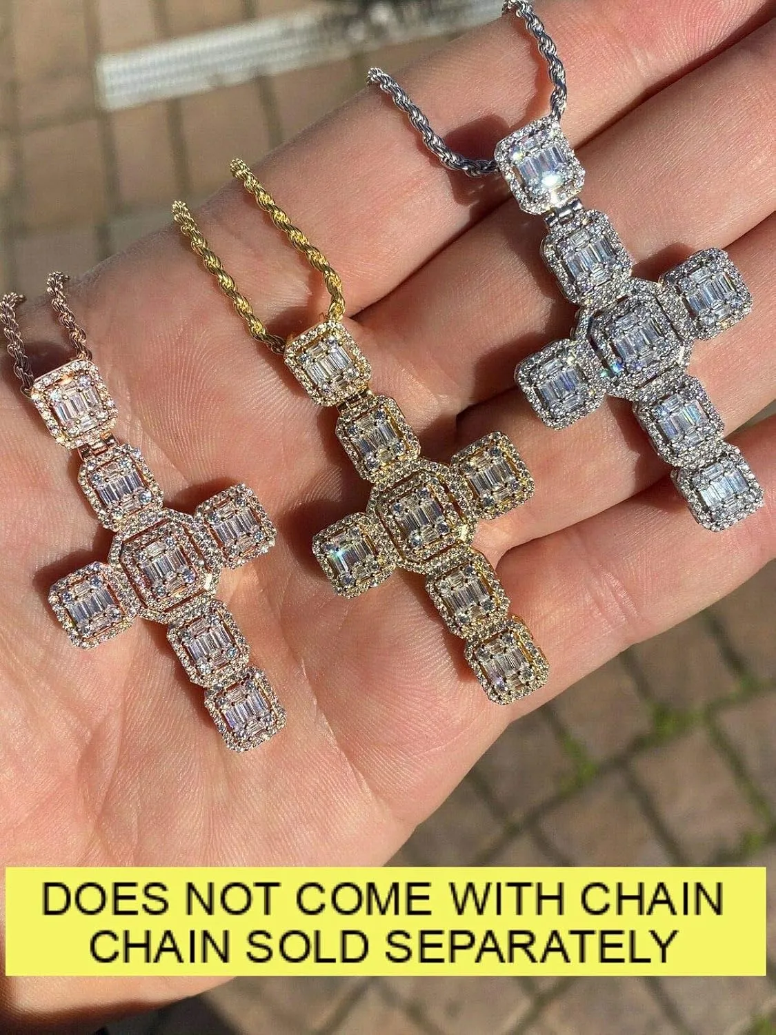 HarlemBling Solid 925 Sterling Silver - Men's Iced Baguette Cross Pendant - Flooded Out Fits Up To 6mm Necklace