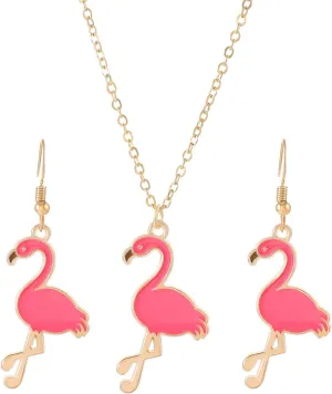 Hawaiian Tropical Pink Flamingo Necklace Earrings Set Cute Animal Bird Earrings Bohemian Summer Beach Jewelry