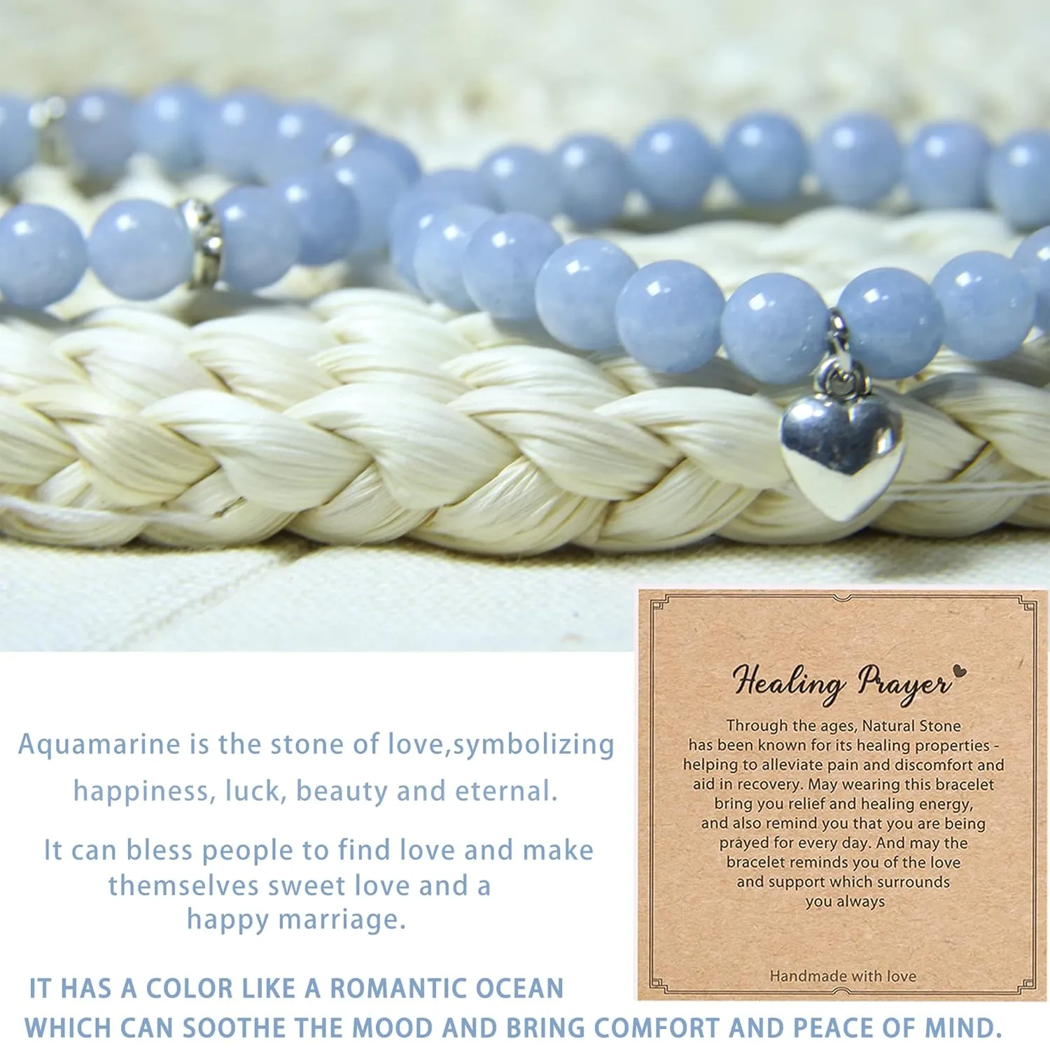 Healing Bracelets for Women - Aquamarine Bracelet - Healing Prayers Crystal Bracelet, 8mm Natural Stone Stress Relief Yoga Beads Get Well Soon Gifts