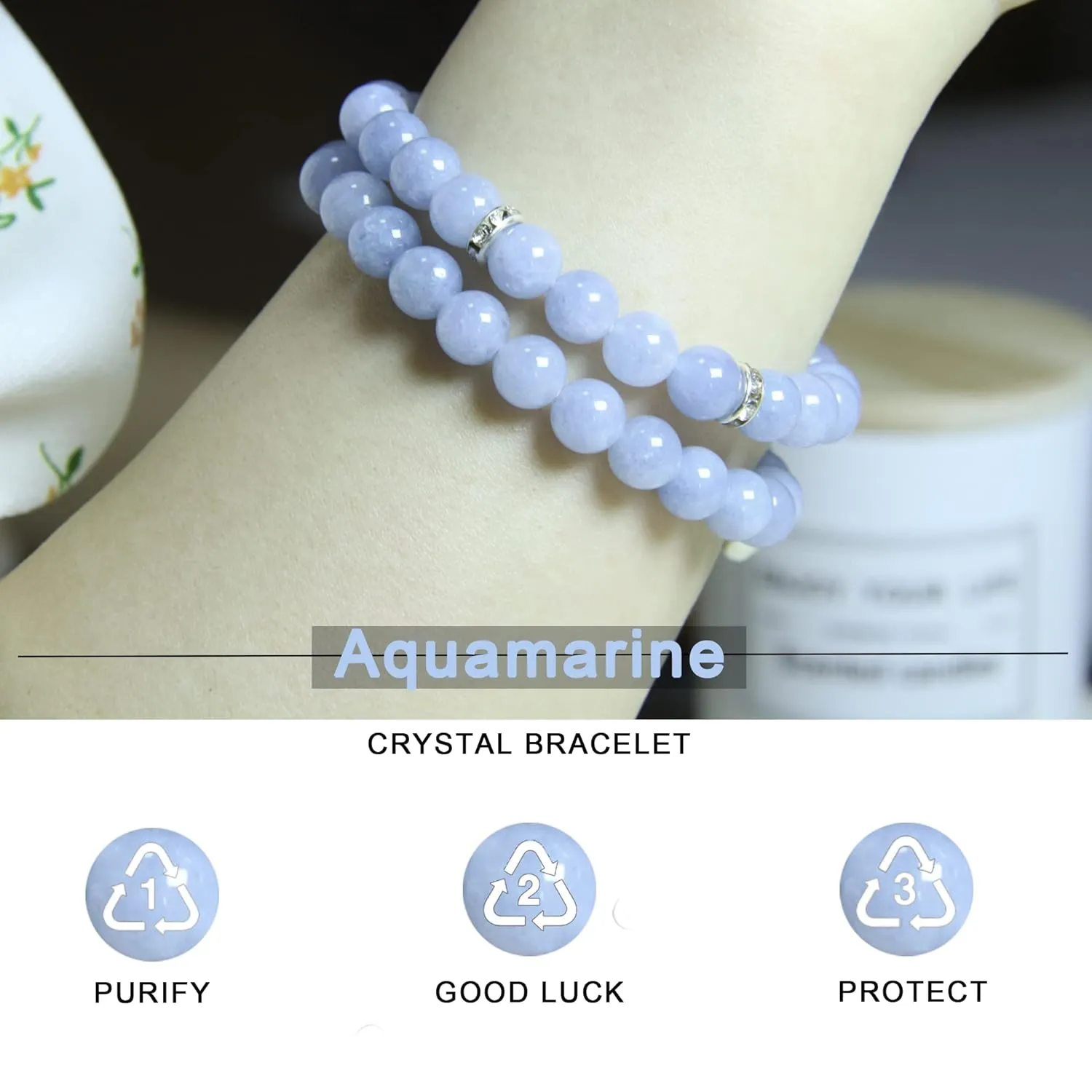 Healing Bracelets for Women - Aquamarine Bracelet - Healing Prayers Crystal Bracelet, 8mm Natural Stone Stress Relief Yoga Beads Get Well Soon Gifts