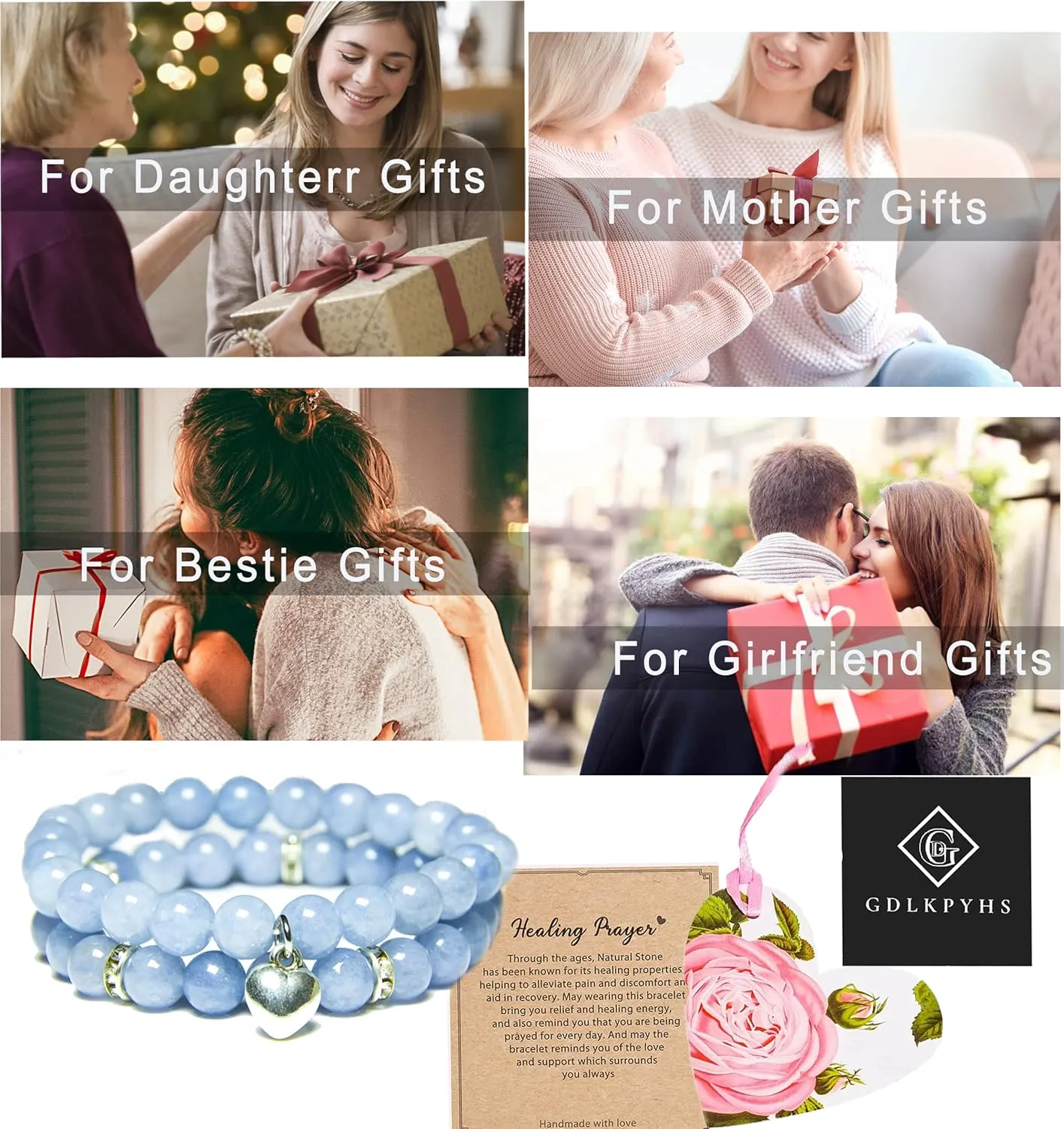Healing Bracelets for Women - Aquamarine Bracelet - Healing Prayers Crystal Bracelet, 8mm Natural Stone Stress Relief Yoga Beads Get Well Soon Gifts