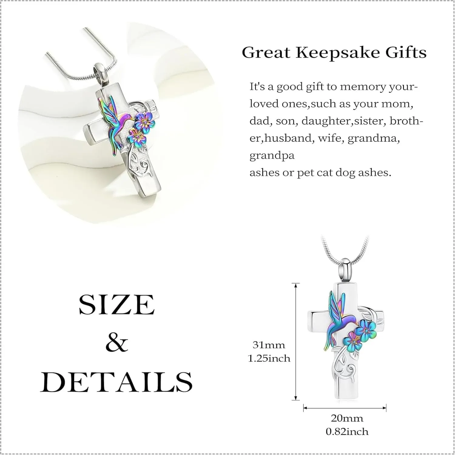 Hearbeingt Urn Necklace for Ashes Hummingbird Cross Cremation Jewelry for Ashes Memorial Urns Pendant Keepsake Jewelry for Men Women