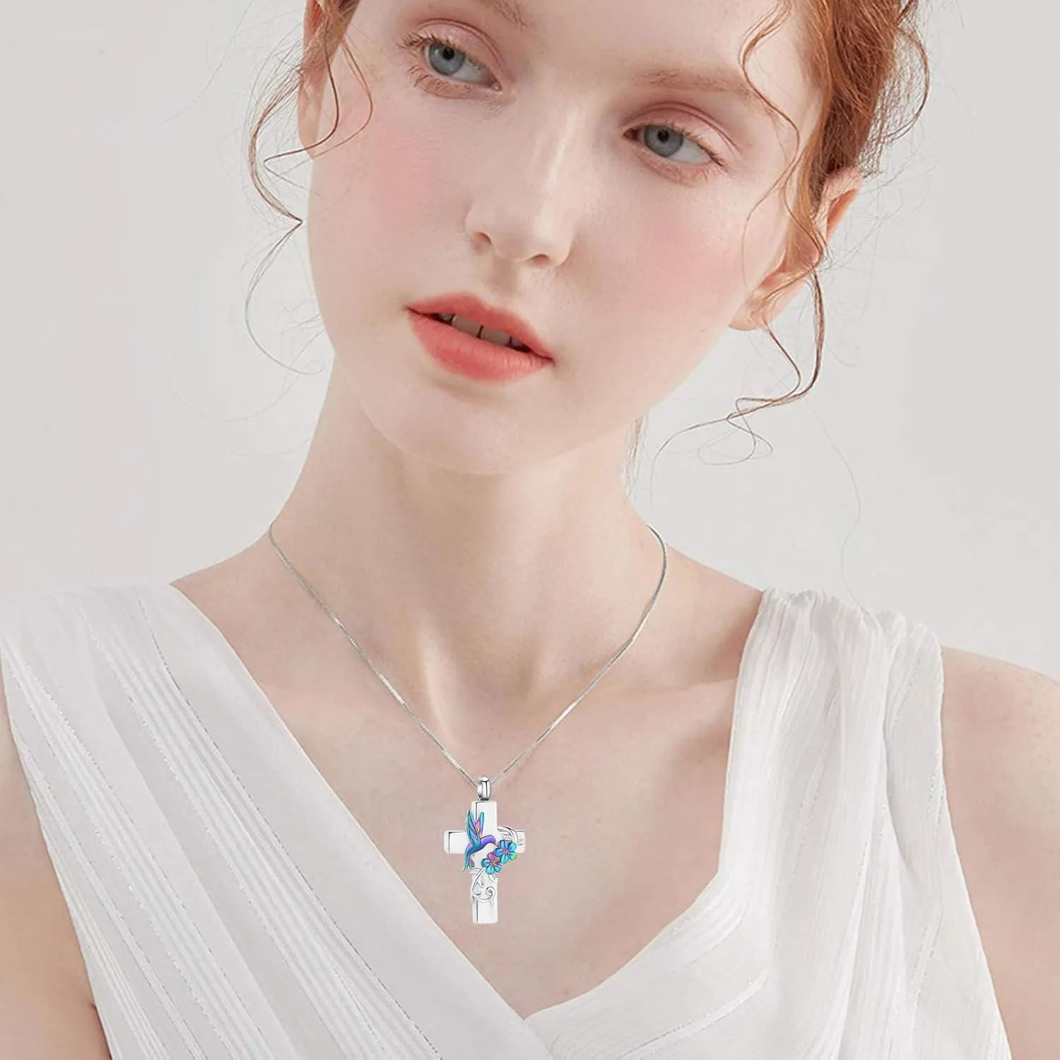 Hearbeingt Urn Necklace for Ashes Hummingbird Cross Cremation Jewelry for Ashes Memorial Urns Pendant Keepsake Jewelry for Men Women
