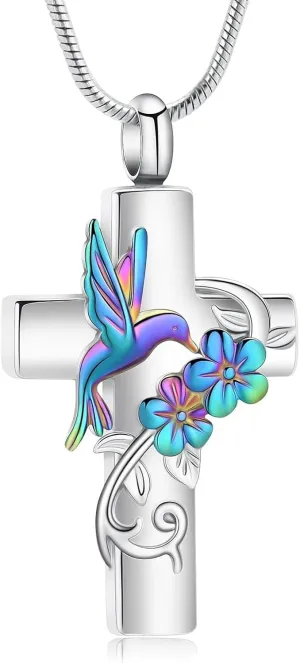 Hearbeingt Urn Necklace for Ashes Hummingbird Cross Cremation Jewelry for Ashes Memorial Urns Pendant Keepsake Jewelry for Men Women