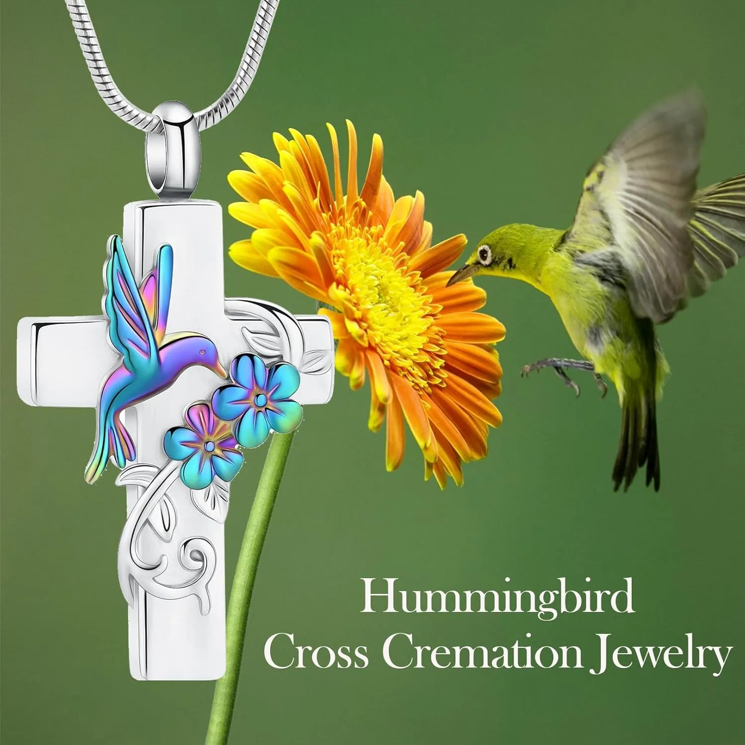 Hearbeingt Urn Necklace for Ashes Hummingbird Cross Cremation Jewelry for Ashes Memorial Urns Pendant Keepsake Jewelry for Men Women