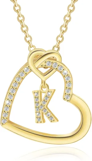 Heart Initial Necklace for Women,14K Gold Plated Initial Necklace,Sterling Silver Initial Pendant Necklace,Cubic Zirconia Initial Necklace,Adjustable Letter Charm Necklace for Girls,Jan-NL-K
