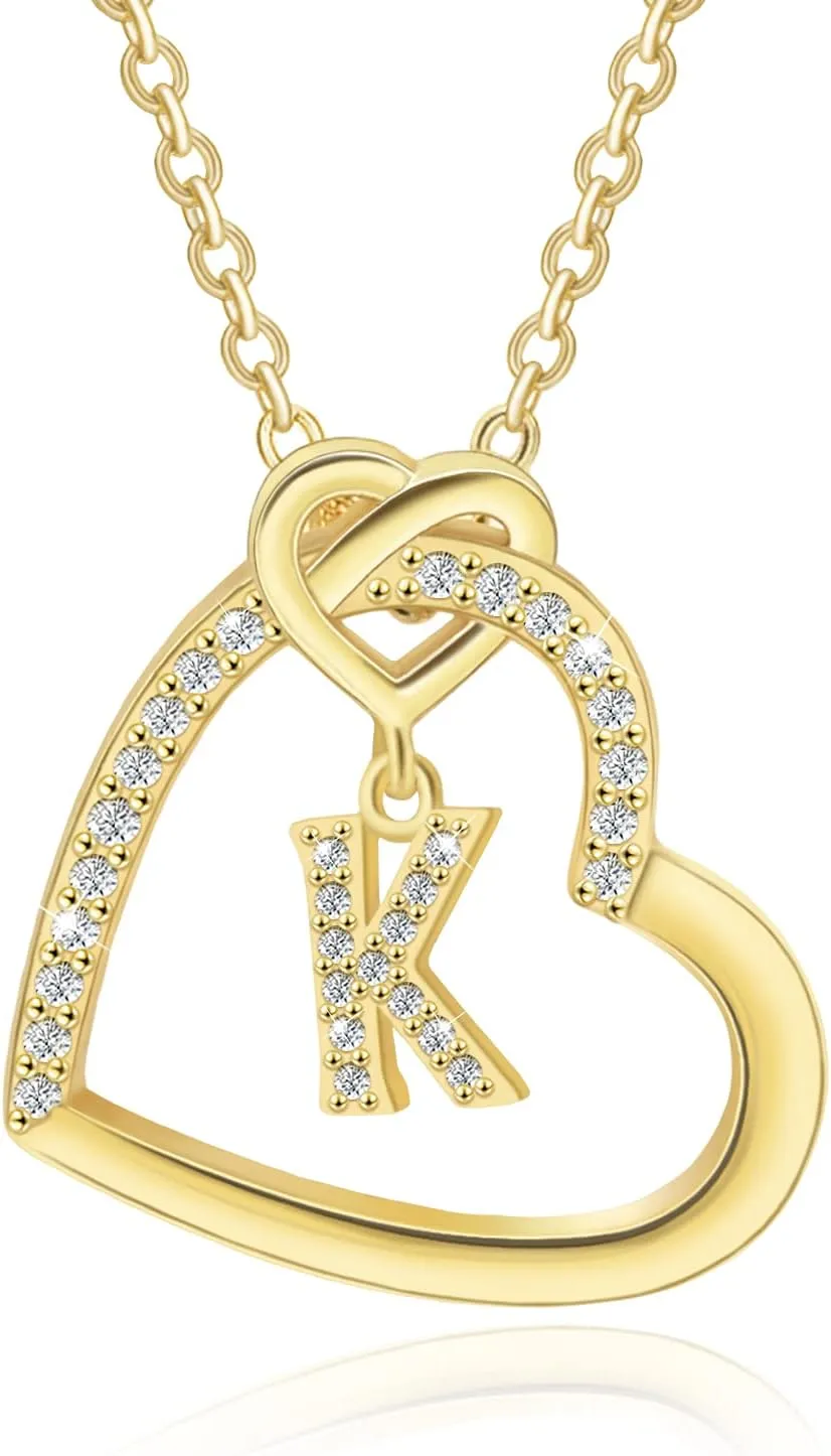 Heart Initial Necklace for Women,14K Gold Plated Initial Necklace,Sterling Silver Initial Pendant Necklace,Cubic Zirconia Initial Necklace,Adjustable Letter Charm Necklace for Girls,Jan-NL-K