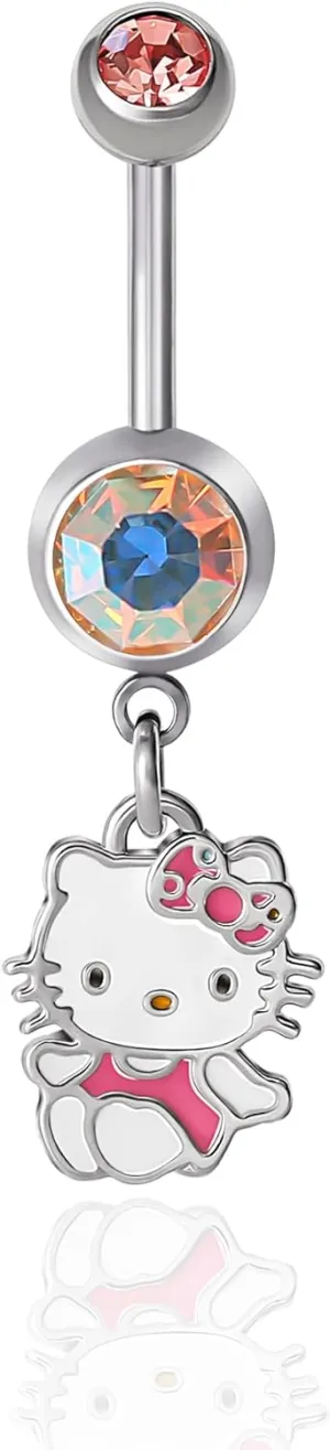 Hello Kitty Belly Button Ring 14g Stainless Steel Kawaii Belly Button Piercing Jewelry, Sanrio Official License