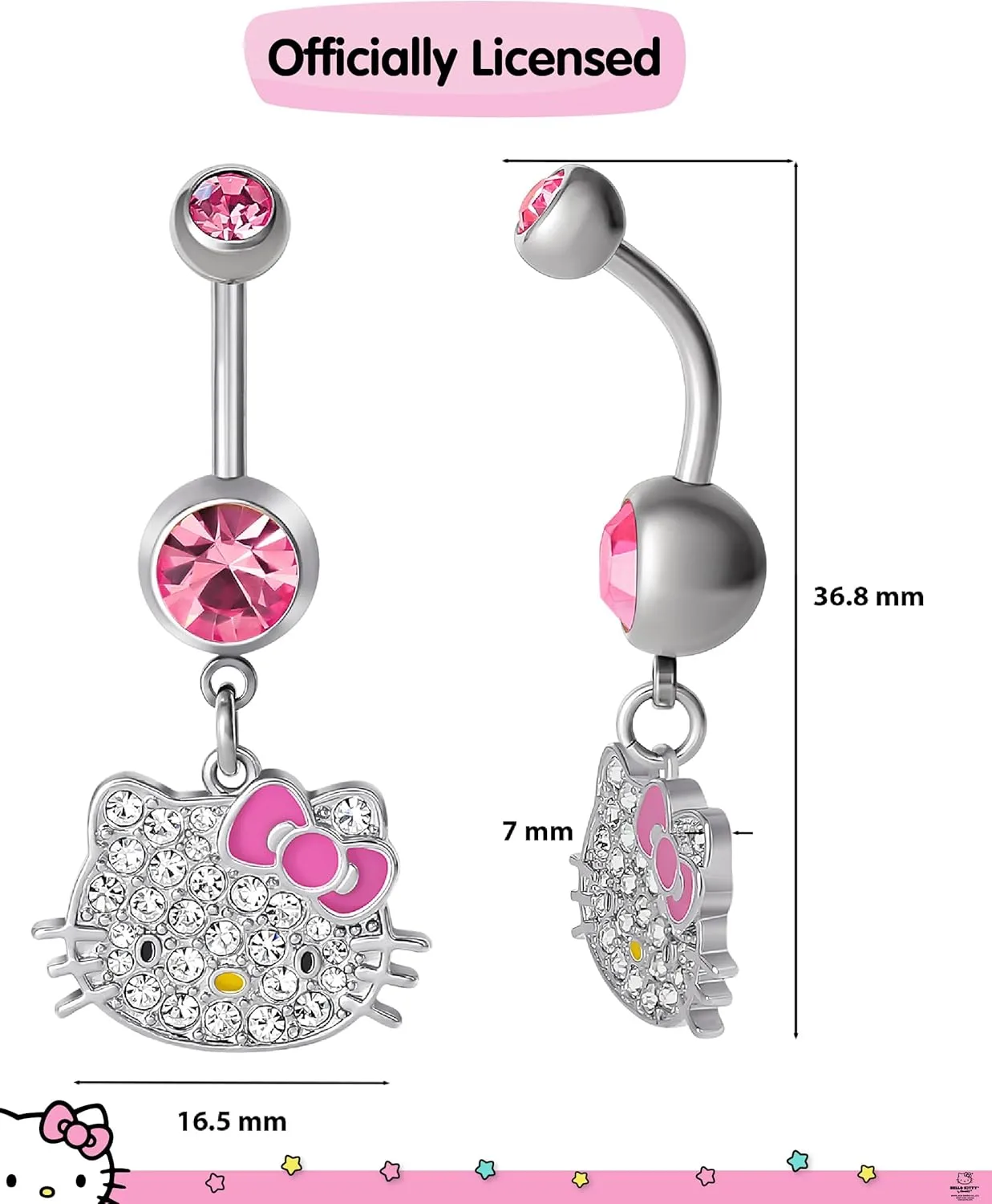 Hello Kitty Belly Button Ring 14g Stainless Steel Kawaii Belly Button Piercing Jewelry, Sanrio Official License