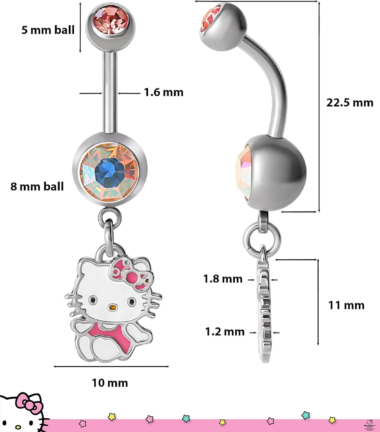 Hello Kitty Belly Button Ring 14g Stainless Steel Kawaii Belly Button Piercing Jewelry, Sanrio Official License