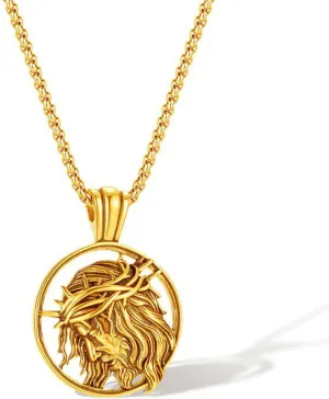 HETICA Jesus Christ Pendant Necklace, Stainless Steel Crown of Thorns Head Round Medal Prayer Pendant Jewelry Gifts for Men and Women
