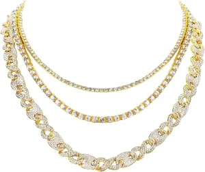 HH BLING EMPIRE Gold Silver Chain Necklace for Men Women Iced Out Diamond Tennis and Cuban Link Chain Necklaces Hip Hop Jewelry Sets 3Pc 18/20/24 Inch