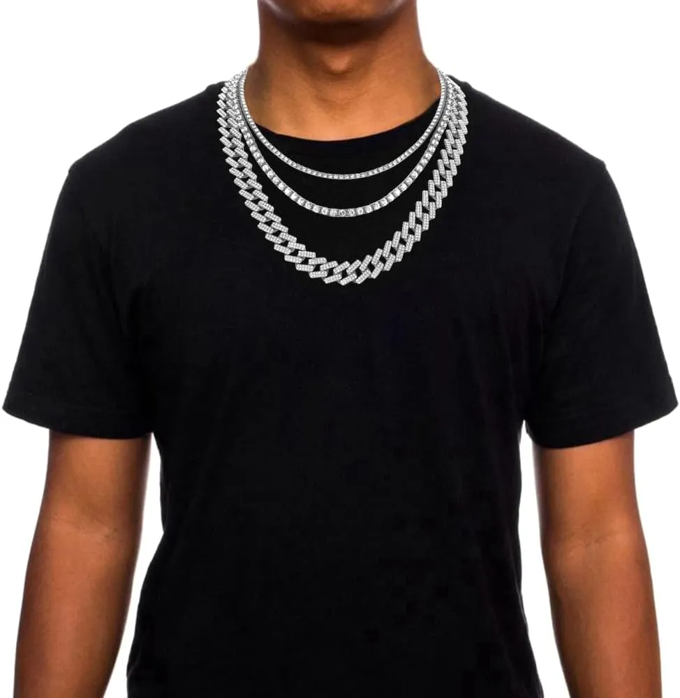 HH BLING EMPIRE Gold Silver Chain Necklace for Men Women Iced Out Diamond Tennis and Cuban Link Chain Necklaces Hip Hop Jewelry Sets 3Pc 18/20/24 Inch