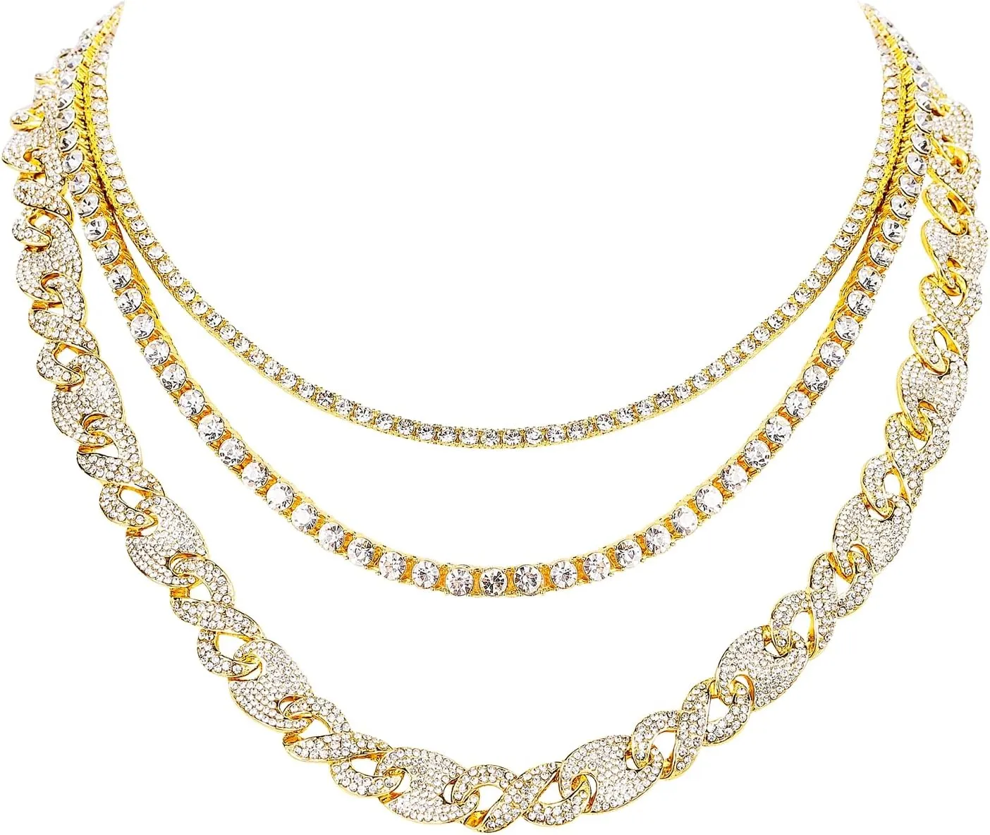 HH BLING EMPIRE Gold Silver Chain Necklace for Men Women Iced Out Diamond Tennis and Cuban Link Chain Necklaces Hip Hop Jewelry Sets 3Pc 18/20/24 Inch