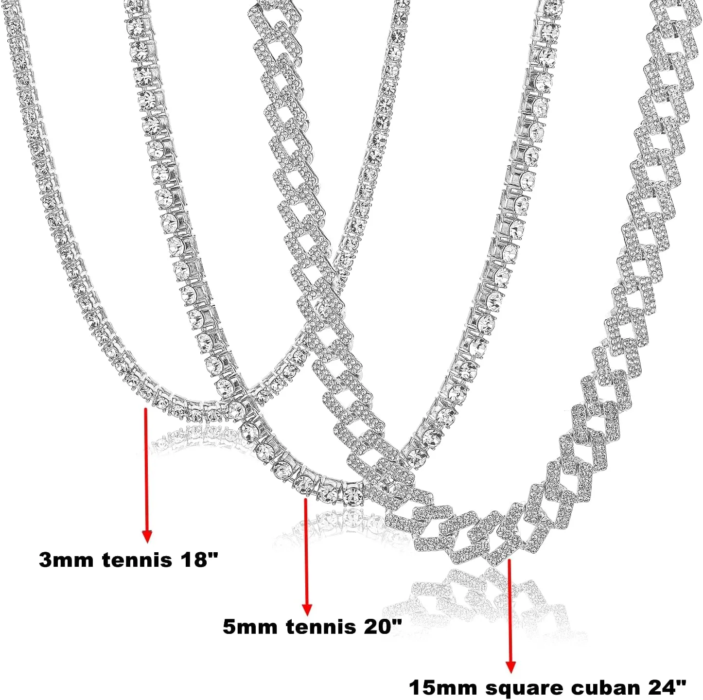 HH BLING EMPIRE Gold Silver Chain Necklace for Men Women Iced Out Diamond Tennis and Cuban Link Chain Necklaces Hip Hop Jewelry Sets 3Pc 18/20/24 Inch