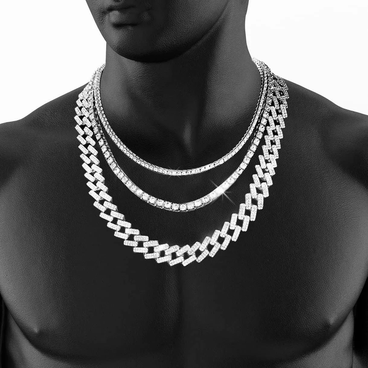 HH BLING EMPIRE Gold Silver Chain Necklace for Men Women Iced Out Diamond Tennis and Cuban Link Chain Necklaces Hip Hop Jewelry Sets 3Pc 18/20/24 Inch