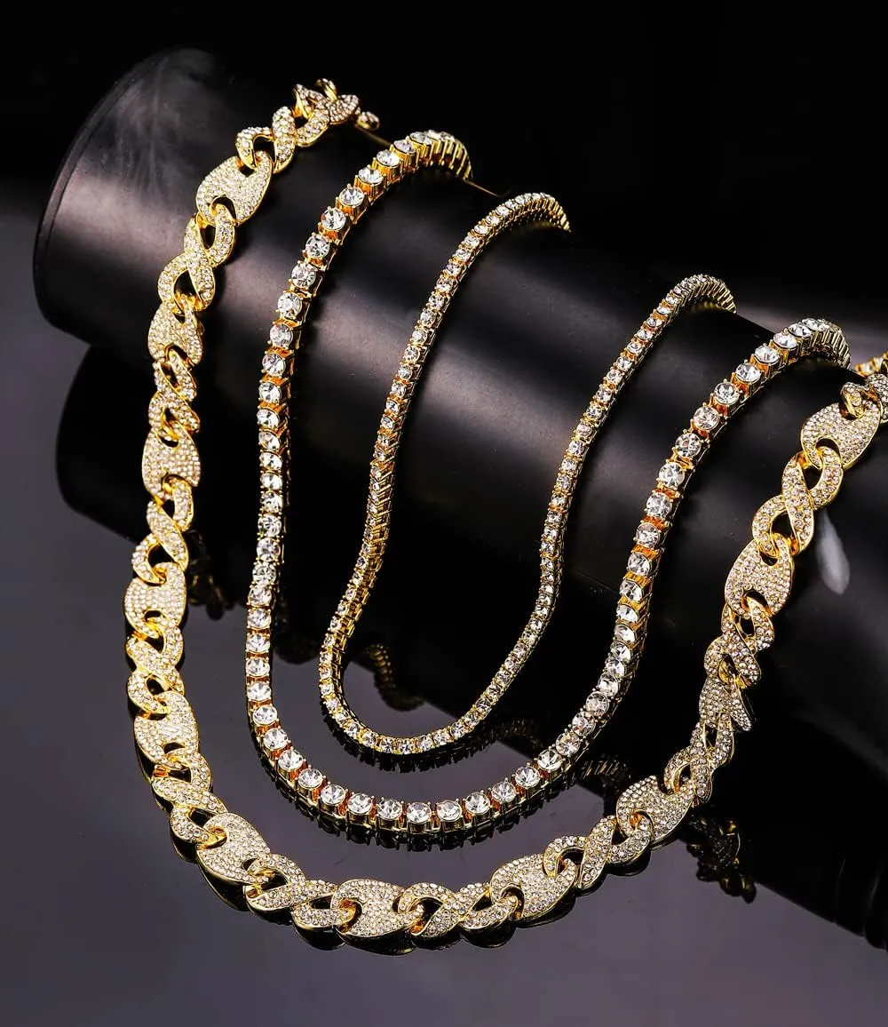 HH BLING EMPIRE Gold Silver Chain Necklace for Men Women Iced Out Diamond Tennis and Cuban Link Chain Necklaces Hip Hop Jewelry Sets 3Pc 18/20/24 Inch