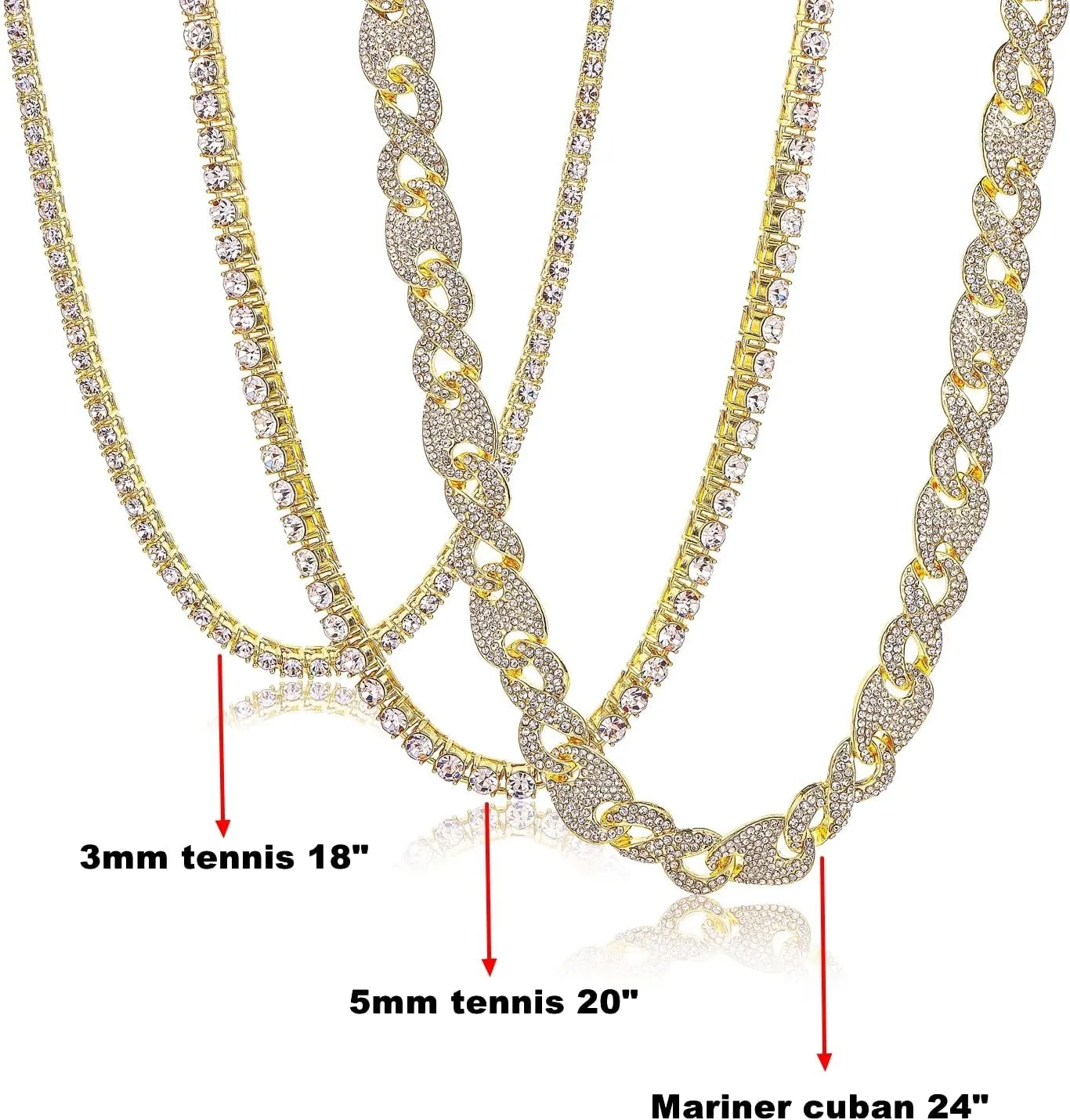 HH BLING EMPIRE Gold Silver Chain Necklace for Men Women Iced Out Diamond Tennis and Cuban Link Chain Necklaces Hip Hop Jewelry Sets 3Pc 18/20/24 Inch