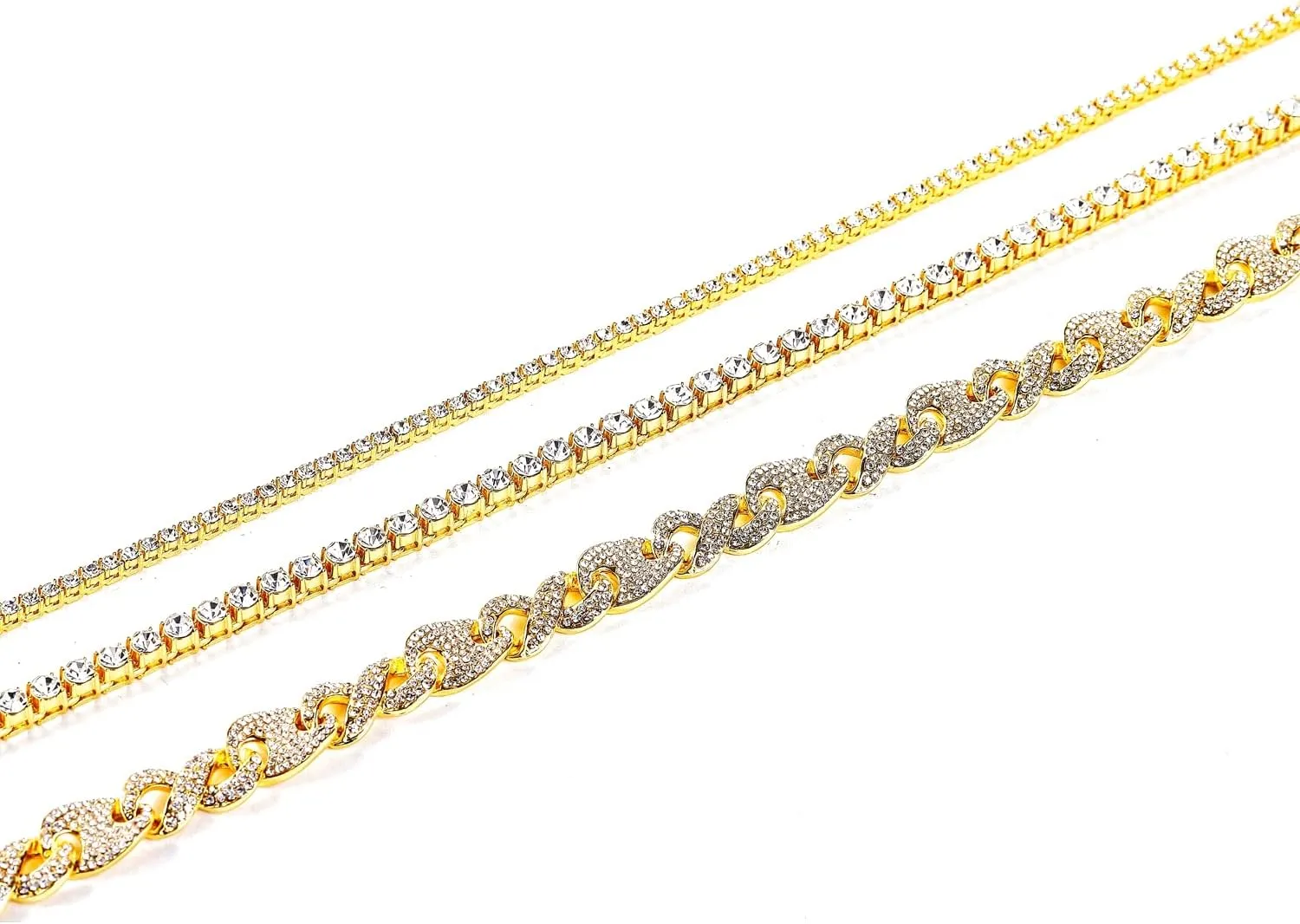 HH BLING EMPIRE Gold Silver Chain Necklace for Men Women Iced Out Diamond Tennis and Cuban Link Chain Necklaces Hip Hop Jewelry Sets 3Pc 18/20/24 Inch