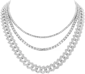 HH BLING EMPIRE Gold Silver Chain Necklace for Men Women Iced Out Diamond Tennis and Cuban Link Chain Necklaces Hip Hop Jewelry Sets 3Pc 18/20/24 Inch
